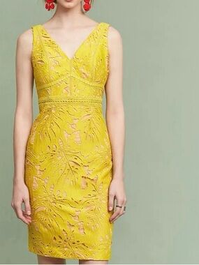 Anthropologie Maeve Vibrant Yellow Gardenia Embroidered Appliqué Dress